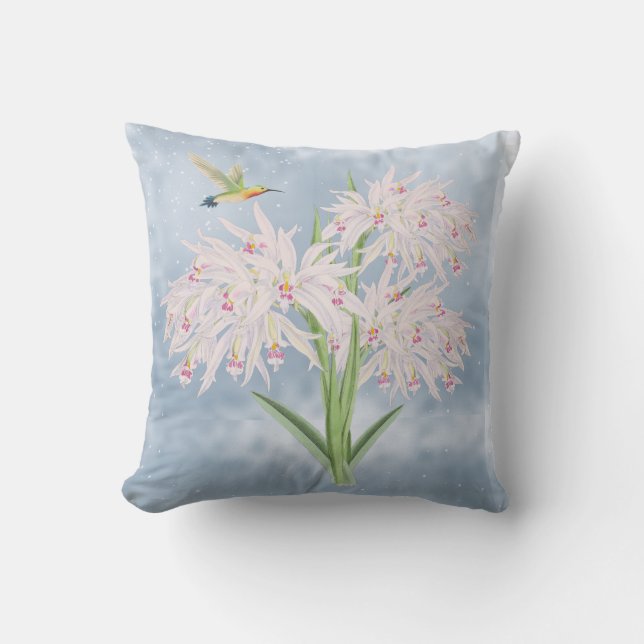 Elegant Pink Orchid and Hummingbird  Throw Pillow (Front)