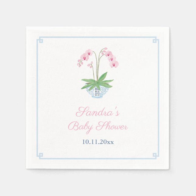 Elegant Pink Orchid Chinoiserie Baby Shower Party Napkins (Front)