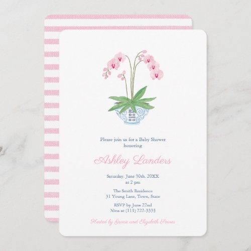 Elegant Pink Orchid Chinoiserie Girl Baby Shower I Invitation