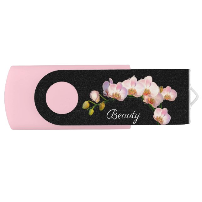 Elegant Pink Orchid Flowers on Black Flash Drive (Front)
