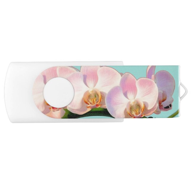 Elegant Pink Orchid Flowers on Light Blue Flash Drive (Front)