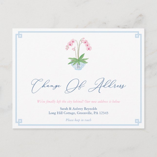 Elegant Pink Orchid Ginger Jar Change Of Address Announcement Postcard (Front)