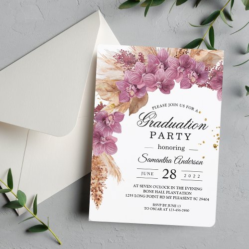 Elegant Pink Orchid  Pampas With Gold Drops Invitation