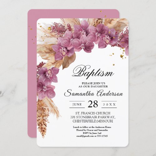 Elegant Pink Orchid  Pampas With Gold Drops Invitation