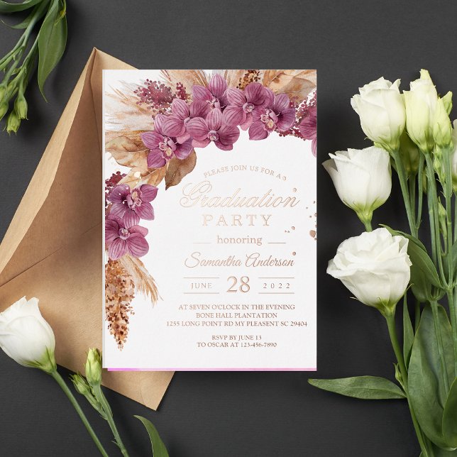 Elegant Pink Orchid & Pampas With Rose Gold Foil Foil Invitation (Creator Uploaded)