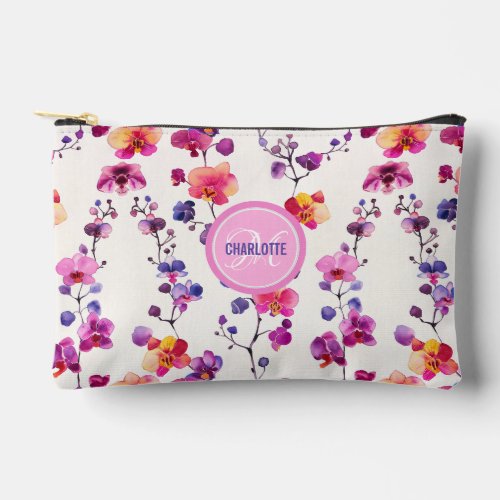 Elegant pink orchid pattern monogram name accessory pouch