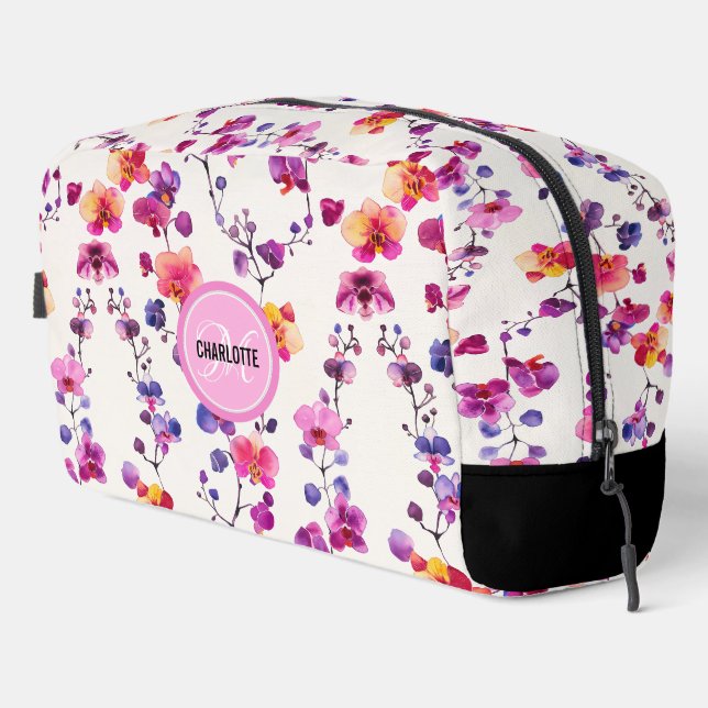 Elegant pink orchid pattern monogram name dopp kit (Right Corner)