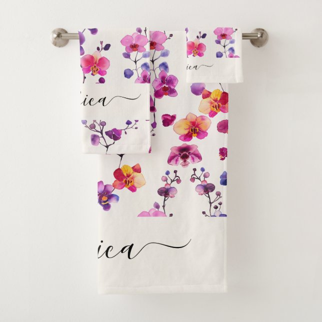 Elegant pink orchid pattern script name bath towel set (Insitu)