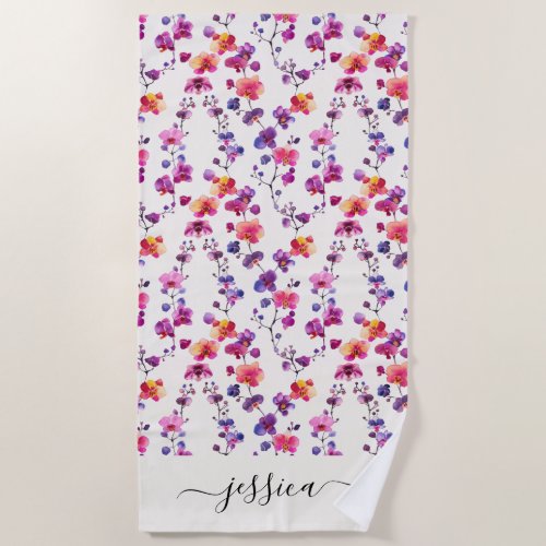 Elegant pink orchid pattern script name beach towel