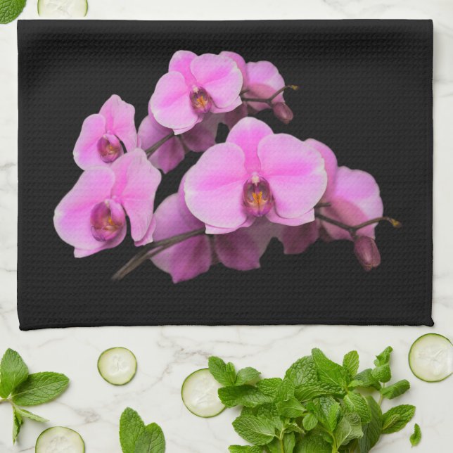 Elegant Pink Orchids Phalaenopsis on Black Kitchen Towel (Folded)