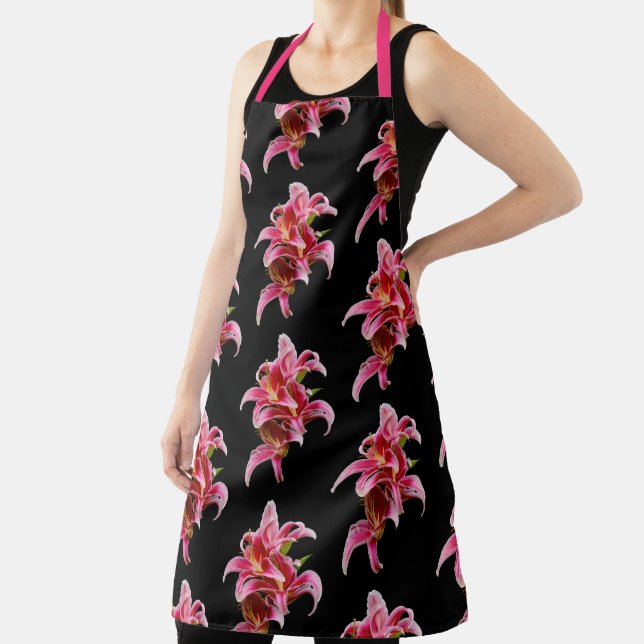 Elegant Pink Oriental Stargazer Lilies Flowers Apron (Insitu)