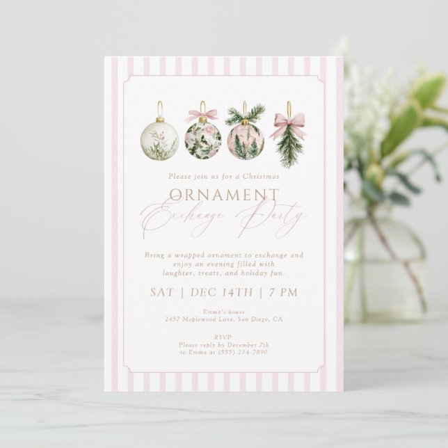 Elegant Pink Ornament Exchange Christmas Party Invitation (Standing Front)