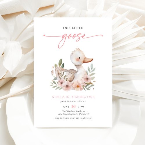 Elegant Pink Our Little Goose Kids Birthday Party Invitation