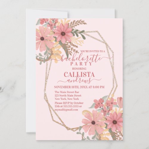 Elegant Pink Painted Flowers Glitter Bachelorette Invitation
