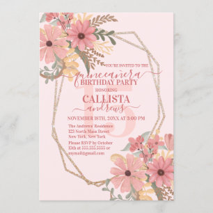 Elegant Pink Painted Flowers Glitter Quinceañera Invitation