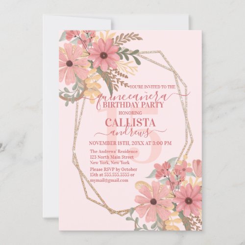Elegant Pink Painted Flowers Glitter Quinceaera Invitation