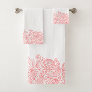 Elegant Pink Paisley Floral Stripe Bath Towel Set