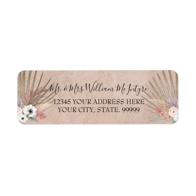 Elegant Pink Palm Floral Tropical Foliage Wedding Label (Front)
