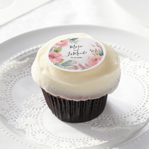 Elegant Pink Pastel Floral Personalized Wedding Edible Frosting Rounds
