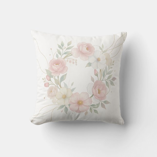 Elegant Pink Pastel Floral Wreath Botanical Design Throw Pillow (Front)