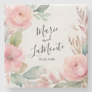 Elegant Pink Pastel Watercolor Floral Wedding Stone Coaster