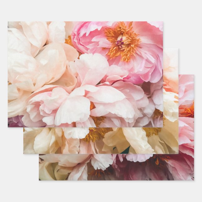 Elegant Pink, Peach and Cream Peonies Wrapping Paper Sheets (Set)