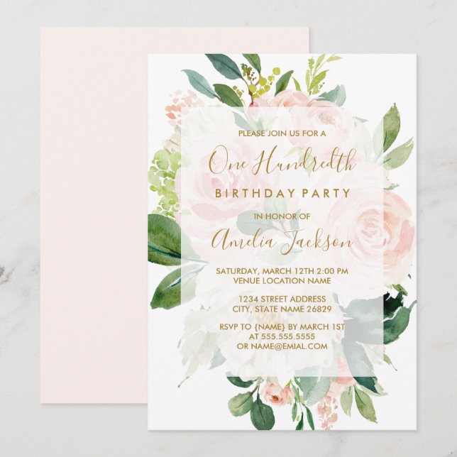 Elegant Pink Peach Bloom 100th Birthday Party Invitation (Front/Back)