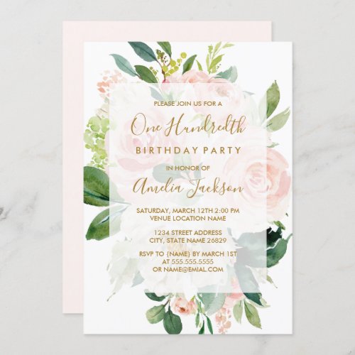 Elegant Pink Peach Bloom 100th Birthday Party Invitation