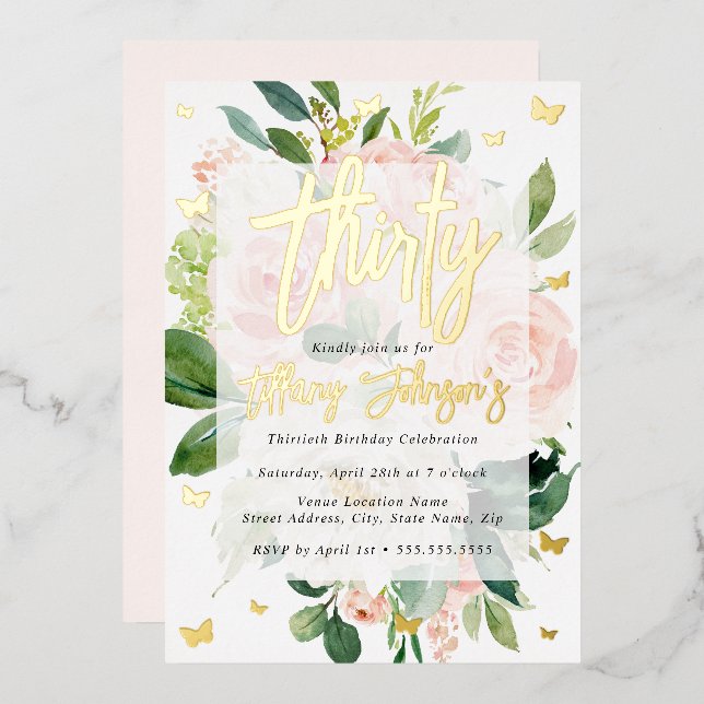 Elegant Pink Peach Bloom 30th Foil Invitation (Front/Back)