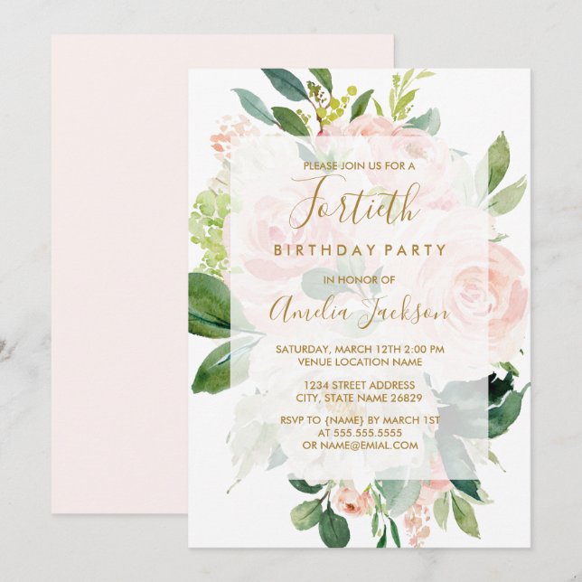Elegant Pink Peach Bloom 40th Birthday Party Invitation (Front/Back)
