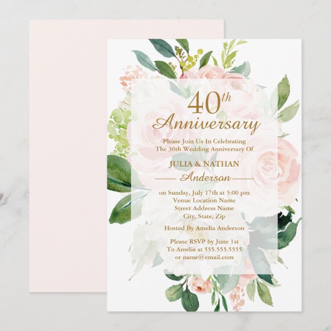 Elegant Pink Peach Bloom 40th Wedding Anniversary Invitation (Front/Back)