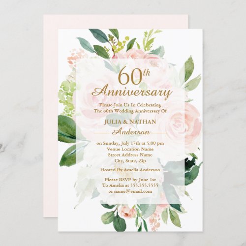 Elegant Pink Peach Bloom 60th Wedding Anniversary Invitation