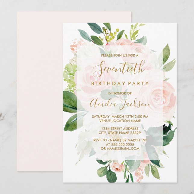 Elegant Pink Peach Bloom 70th Birthday Party Invitation (Front/Back)
