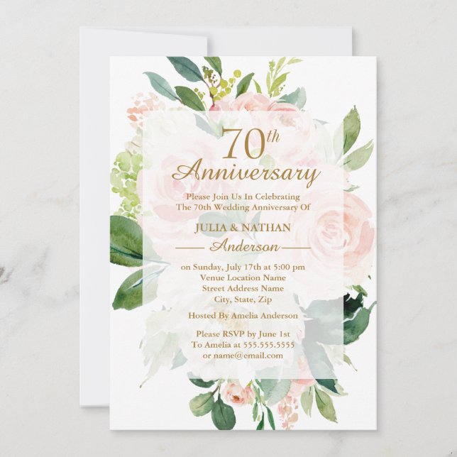 Elegant Pink Peach Bloom 70th Wedding Anniversary Invitation (Front)