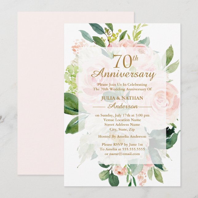 Elegant Pink Peach Bloom 70th Wedding Anniversary Invitation (Front/Back)