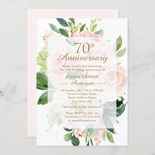 Elegant Pink Peach Bloom 70th Wedding Anniversary Invitation | Zazzle