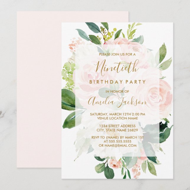 Elegant Pink Peach Bloom 90th Birthday Party Invitation (Front/Back)