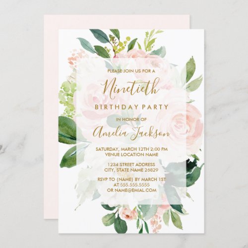 Elegant Pink Peach Bloom 90th Birthday Party Invitation