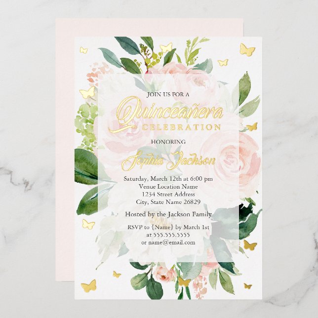 Elegant Pink Peach Bloom Quinceanera  Foil Invitation (Front/Back)
