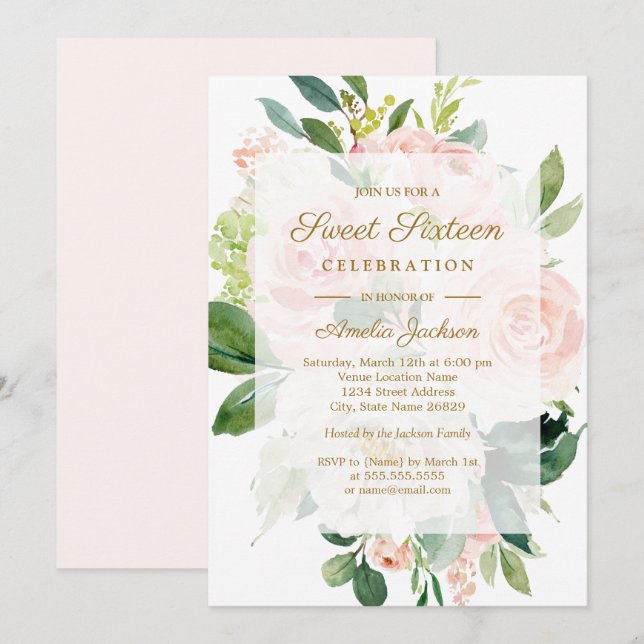 Elegant Pink Peach Bloom Sweet Sixteen Invitation (Front/Back)