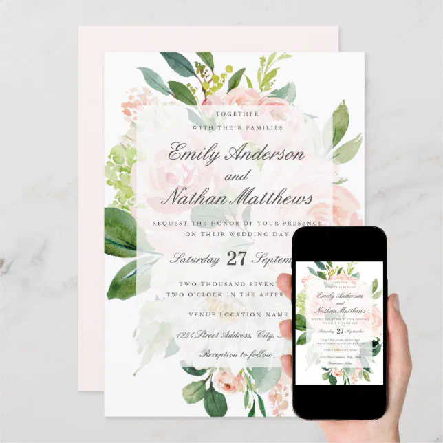 Elegant Pink Peach Bloom Wedding Invitation 