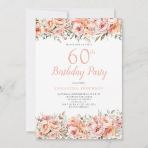 Elegant Pink Peach Floral 60th Birthday Party Invitation