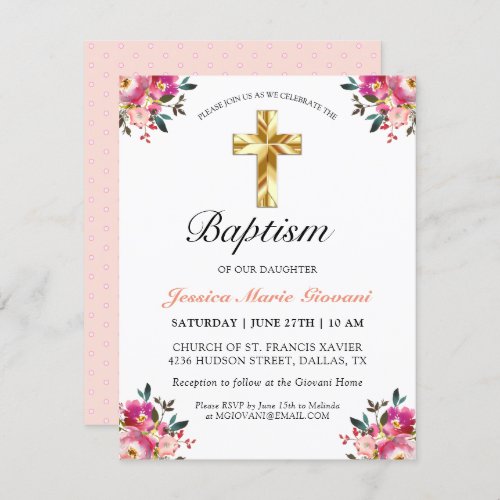 Elegant Pink Peach Floral Gold Cross Baptism Card