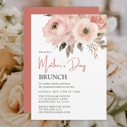 Elegant Pink Peach Floral Mothers Day Brunch  Invitation