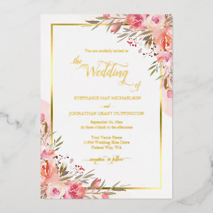 Elegant Pink Peach Floral Watercolor Wedding Gold Foil Invitation