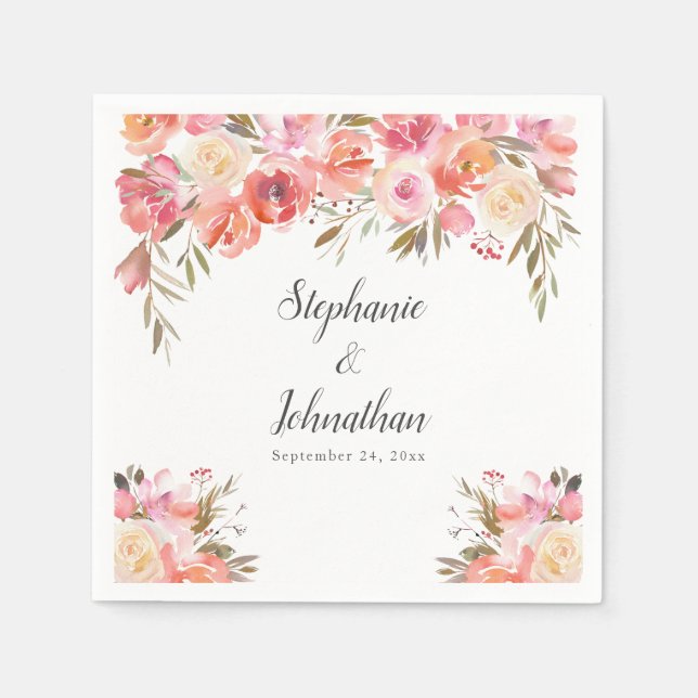 Elegant Pink Peach Floral Watercolor Wedding Napkins (Front)