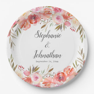 Elegant Pink Peach Floral Watercolor Wedding Paper Plates