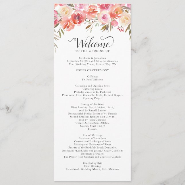 Elegant Pink Peach Floral Watercolor Wedding Program (Front)