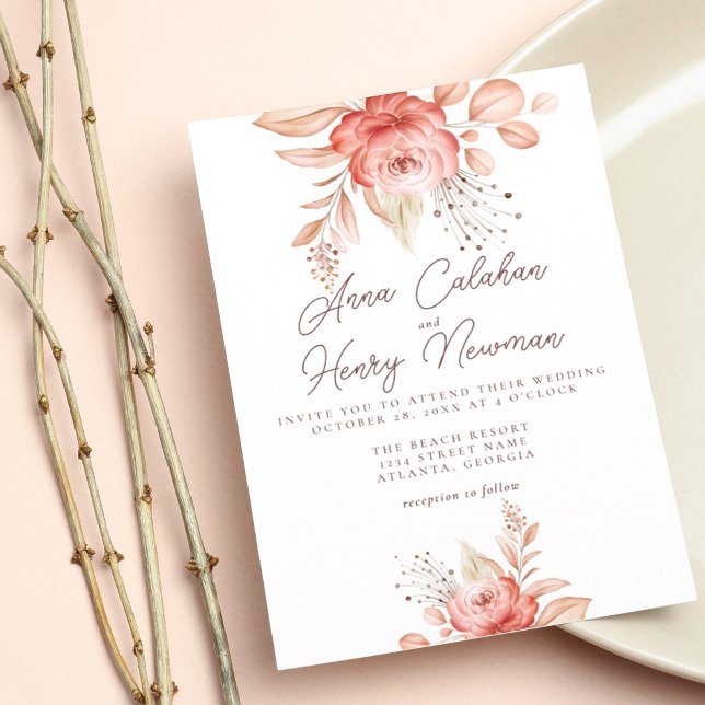 Elegant Pink Peach Watercolor Roses Leaves Wedding Invitation (Creator Uploaded)