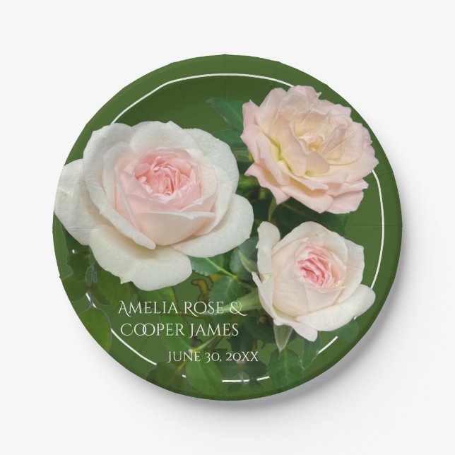 Elegant pink peach white roses floral  paper plates (Front)